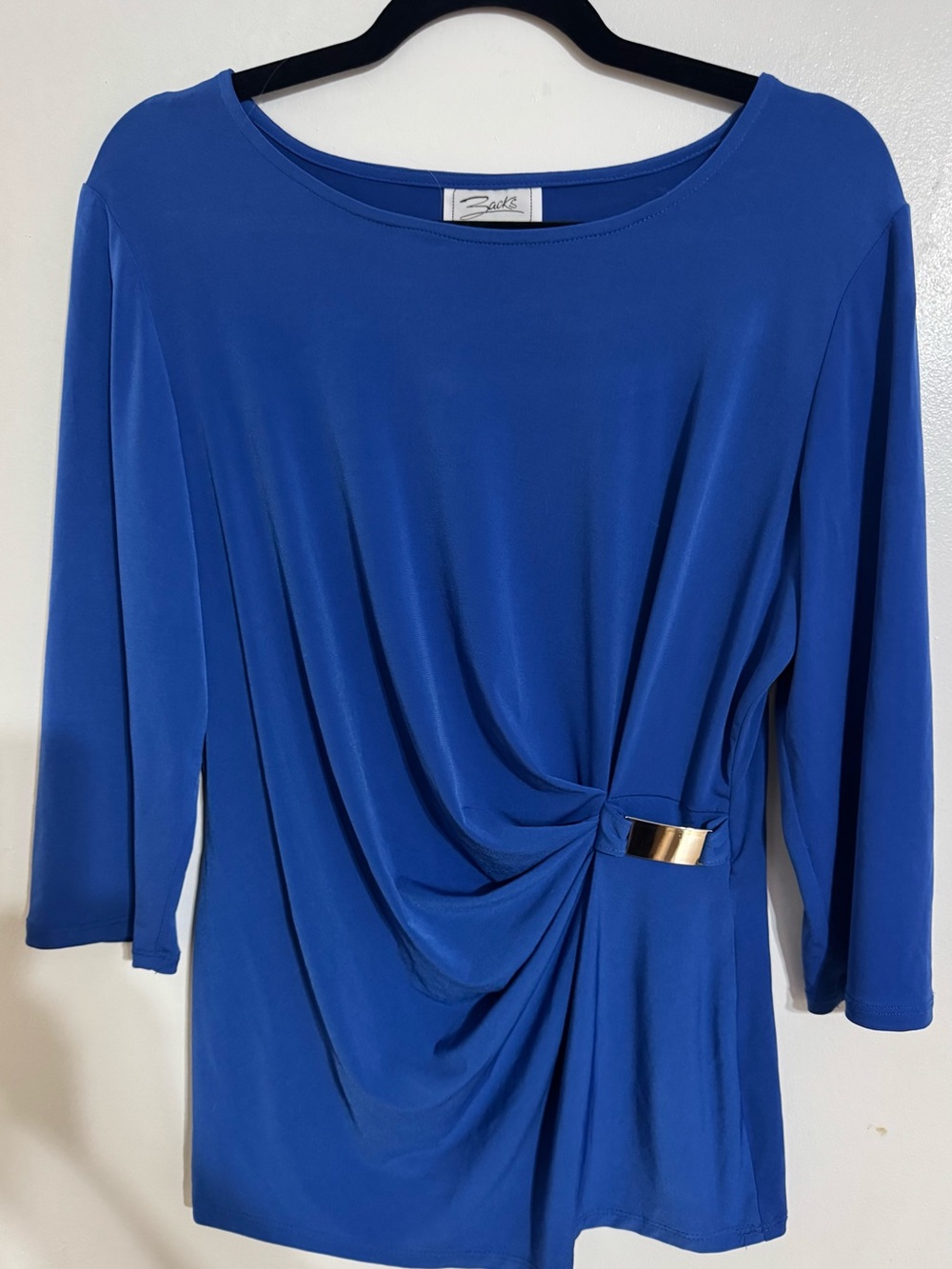 Zacks Blue Draped 3/4 Sleeve Top with Silver Accent Size Large